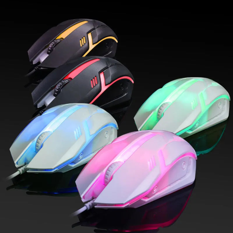 Wired computer mouse with colourful glowing illumination in black or white with USB cable