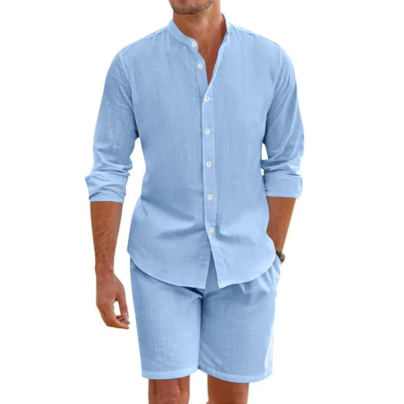 Men's light blue linen-blend short sleeve shirt and drawstring shorts summer suit set.