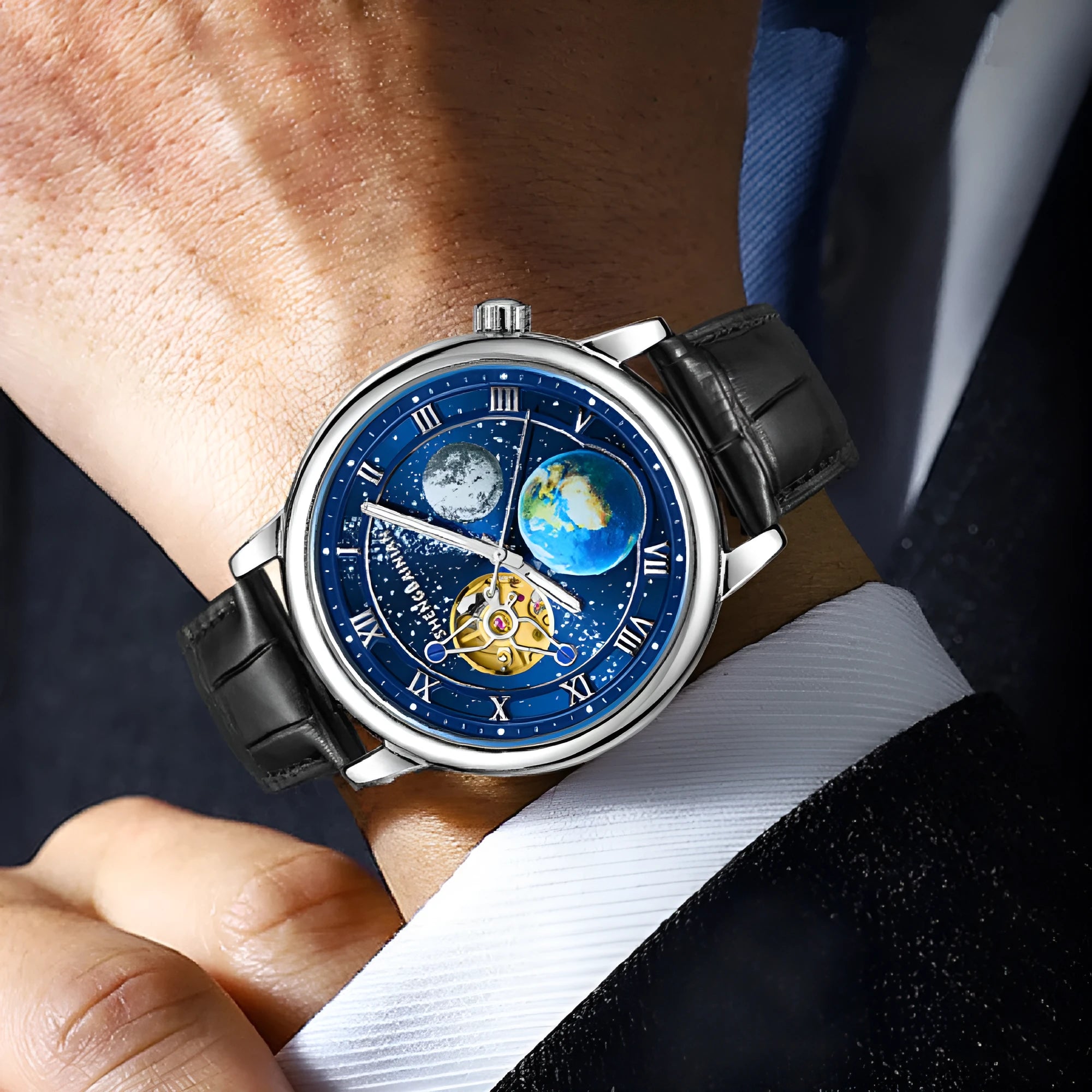 Men's mechanical watch with luminous starry dial, 43mm metal case, silver blue colour
