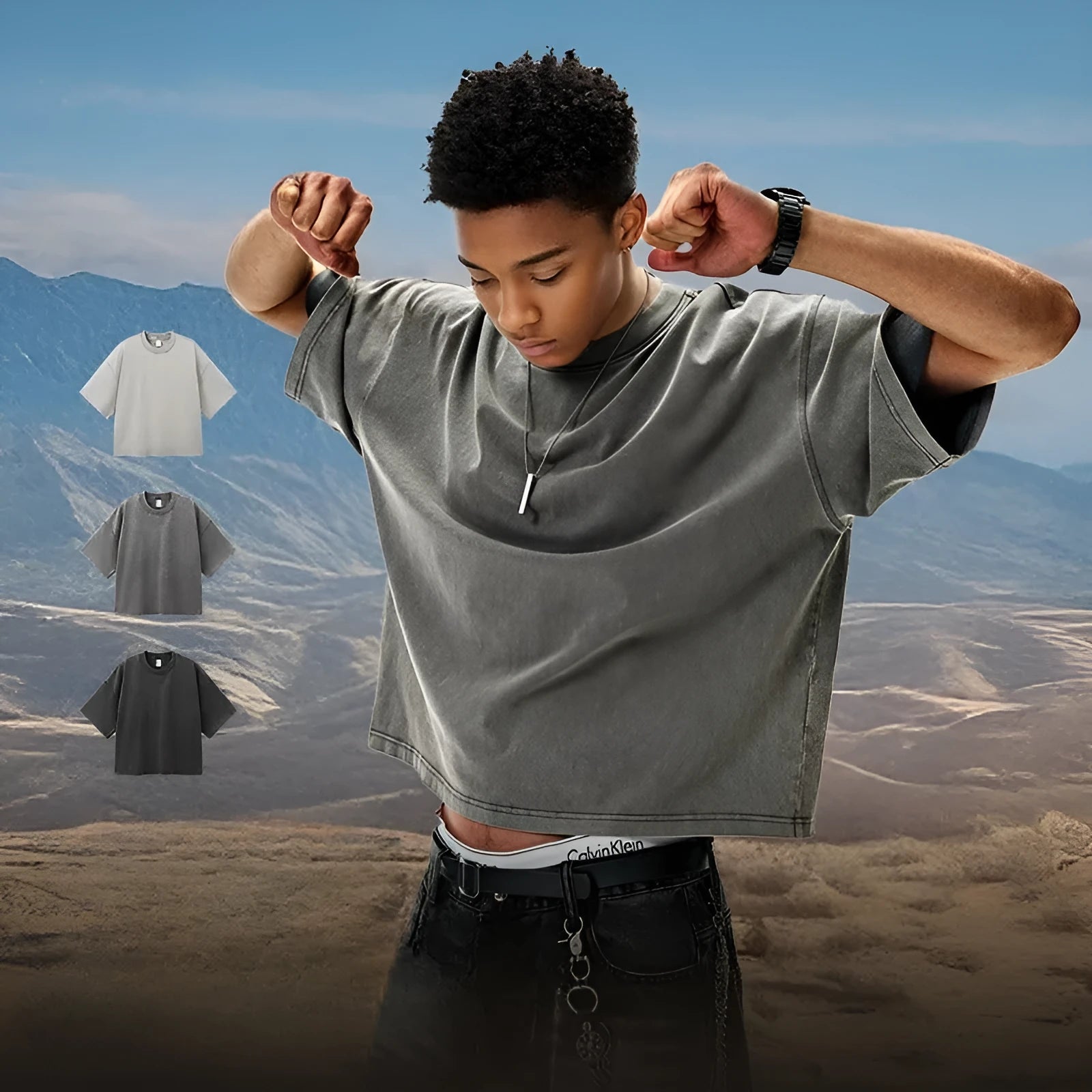Men's loose vintage washed-out cotton t-shirt in khaki light colour, showing drop-shoulder sleeves and casual fit