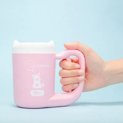 Cherry Pink foot cleansing cup pet footbath with soft silicone bristles and ABS construction by a door