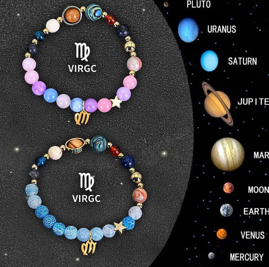 Set of two natural stone beaded bracelets with zodiac charms on a textured background.