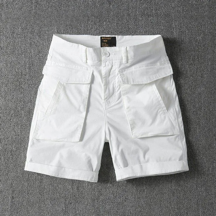 Men's straight-leg cotton cargo shorts in army green with multiple pockets on the legs.