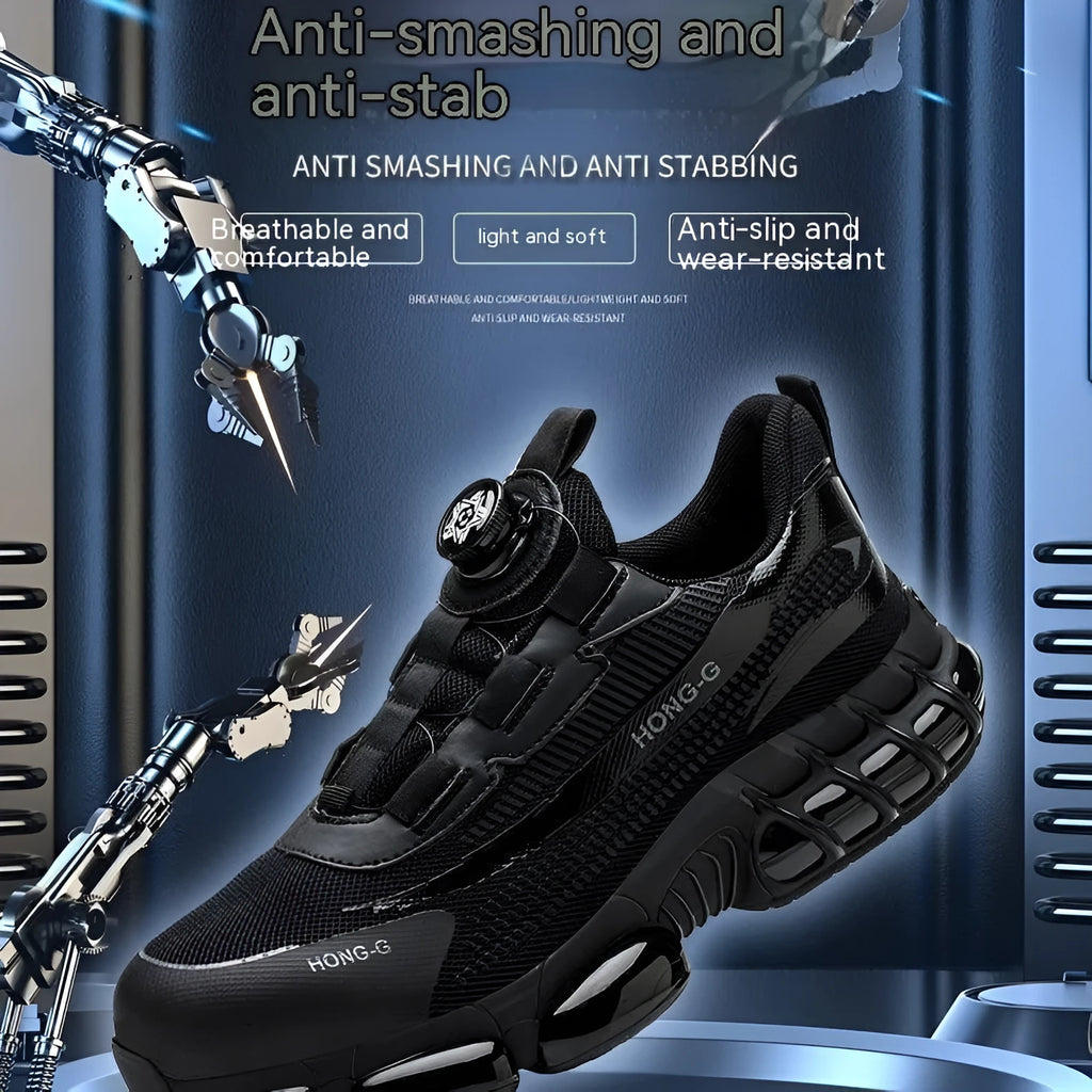 Low-top Flyknit safety work shoes with front lacing and a steel toe cap in black grey colour.