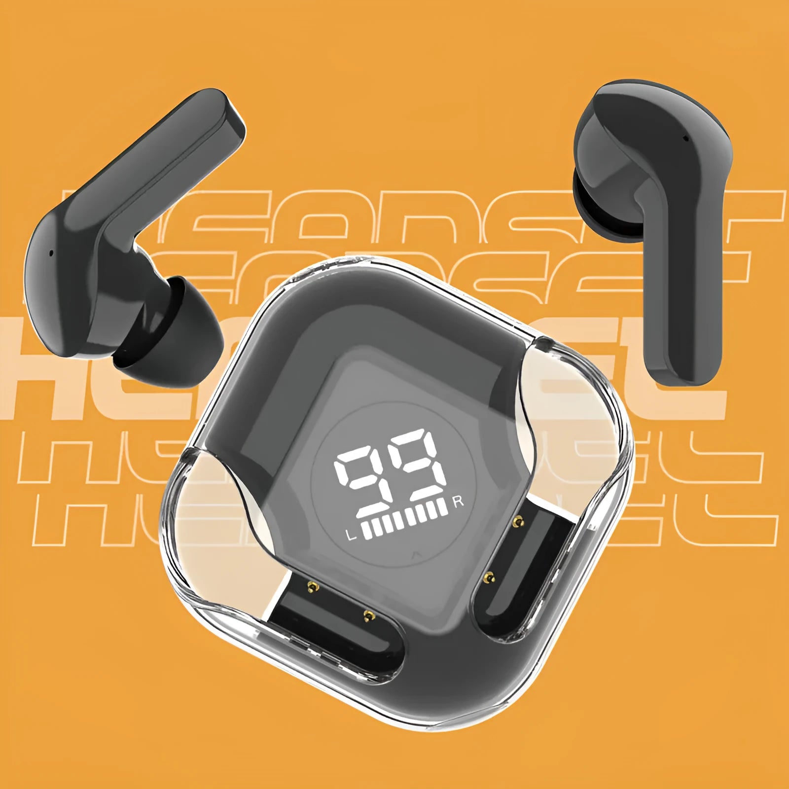 Transparent TWS wireless Bluetooth earbuds showing internal components in one of five colour options
