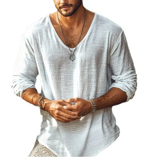 Beige V-neck long-sleeved t-shirt in slim fit pullover style