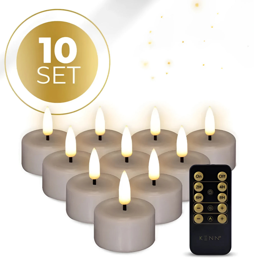 S10 3D flame LED tealight candle in taupe colour showing realistic flickering light effect