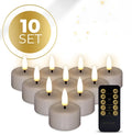 S10 3D flame LED tealight candle in taupe colour showing realistic flickering light effect
