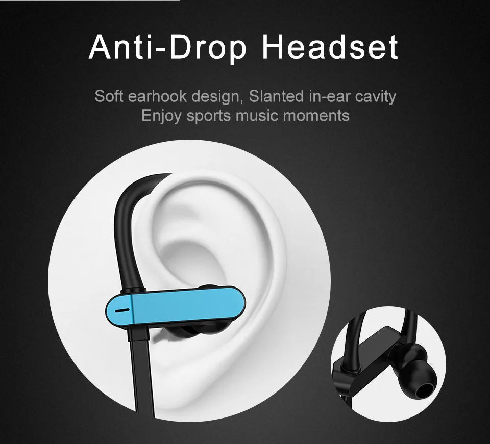 Sport ear hook earbuds with flexible hooks and gel silicone tips in black blue colour variant