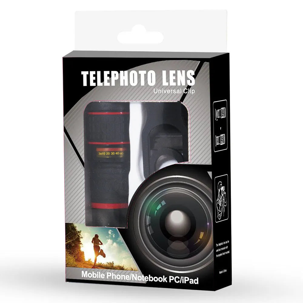20x magnification mobile phone telescope with universal clip and eyepiece mask on a smartphone.