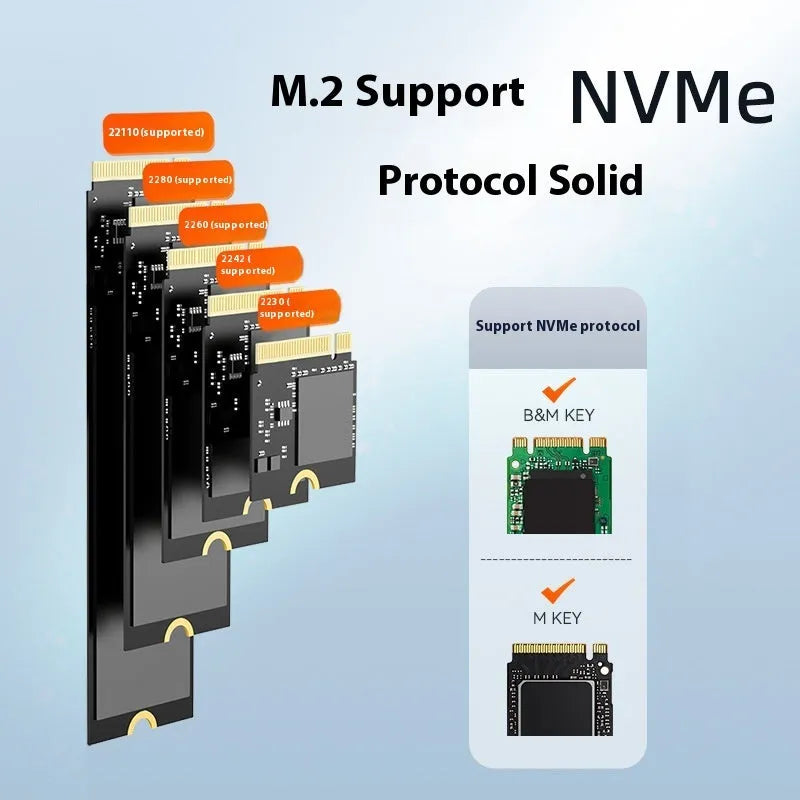 Black external hard disk enclosure with USB-C port for M.2 NVMe SSD compatibility