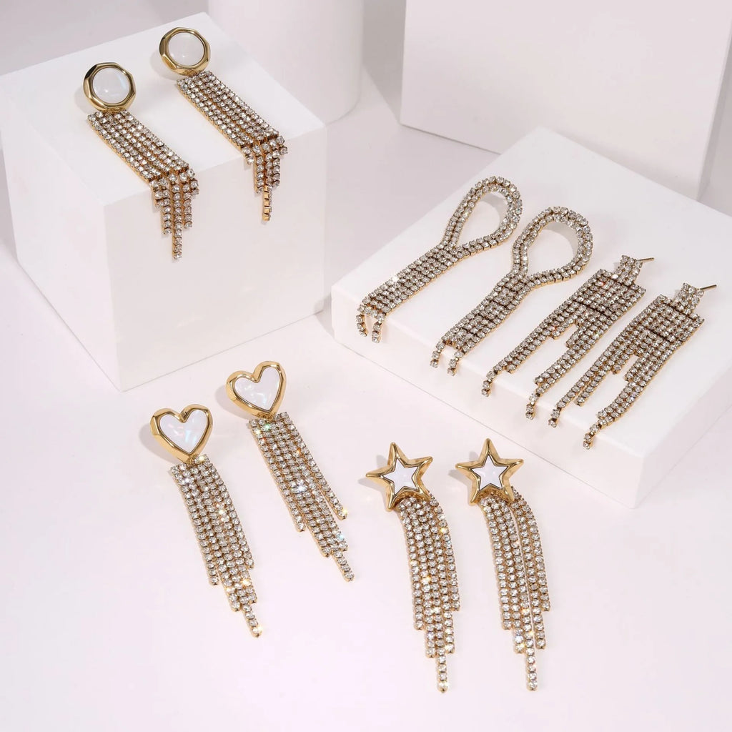 Stainless steel earrings with love heart and star geometric designs featuring diamond tassel drops and 18K electroplated finish