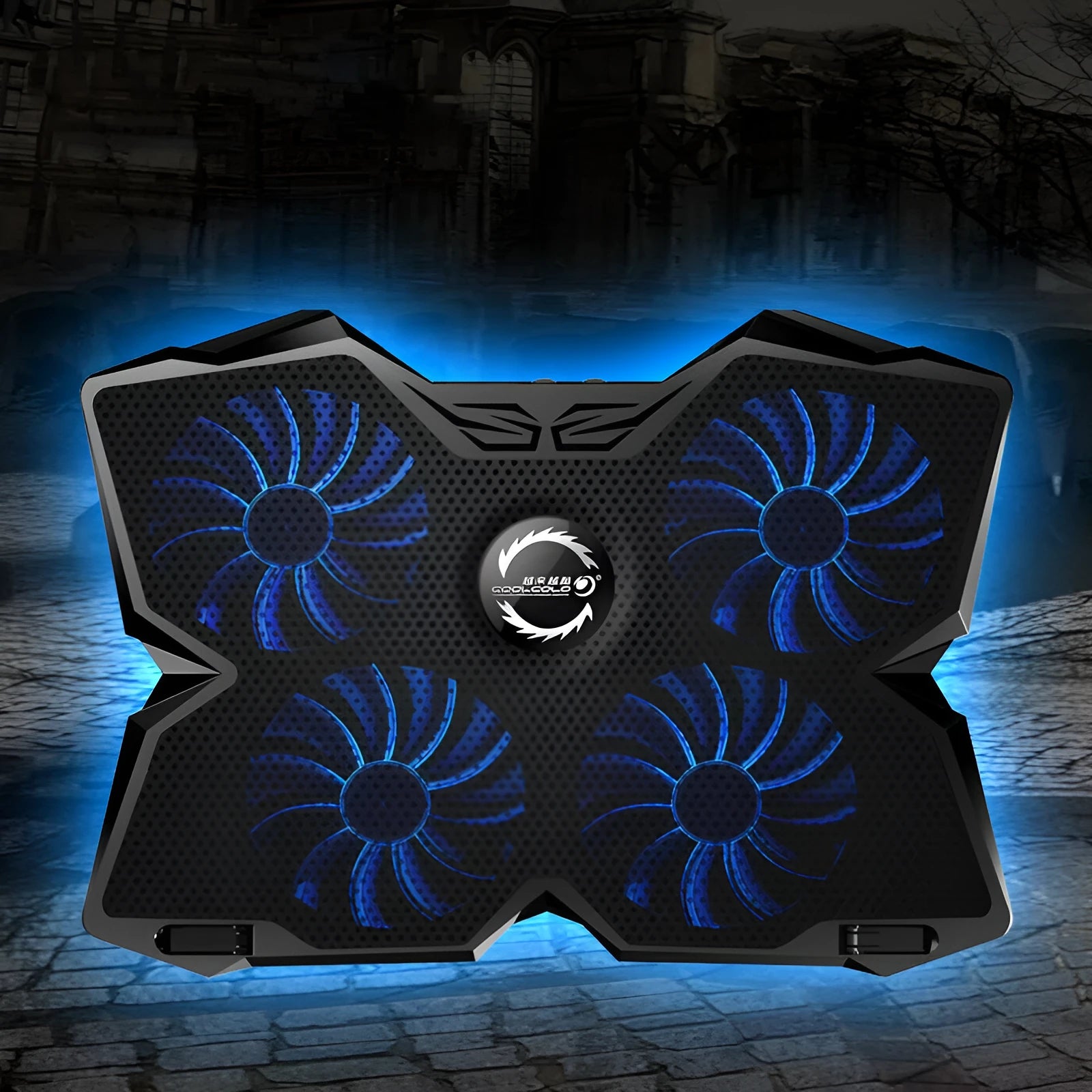 Laptop cooling base with four LED cooling fans and two USB ports
