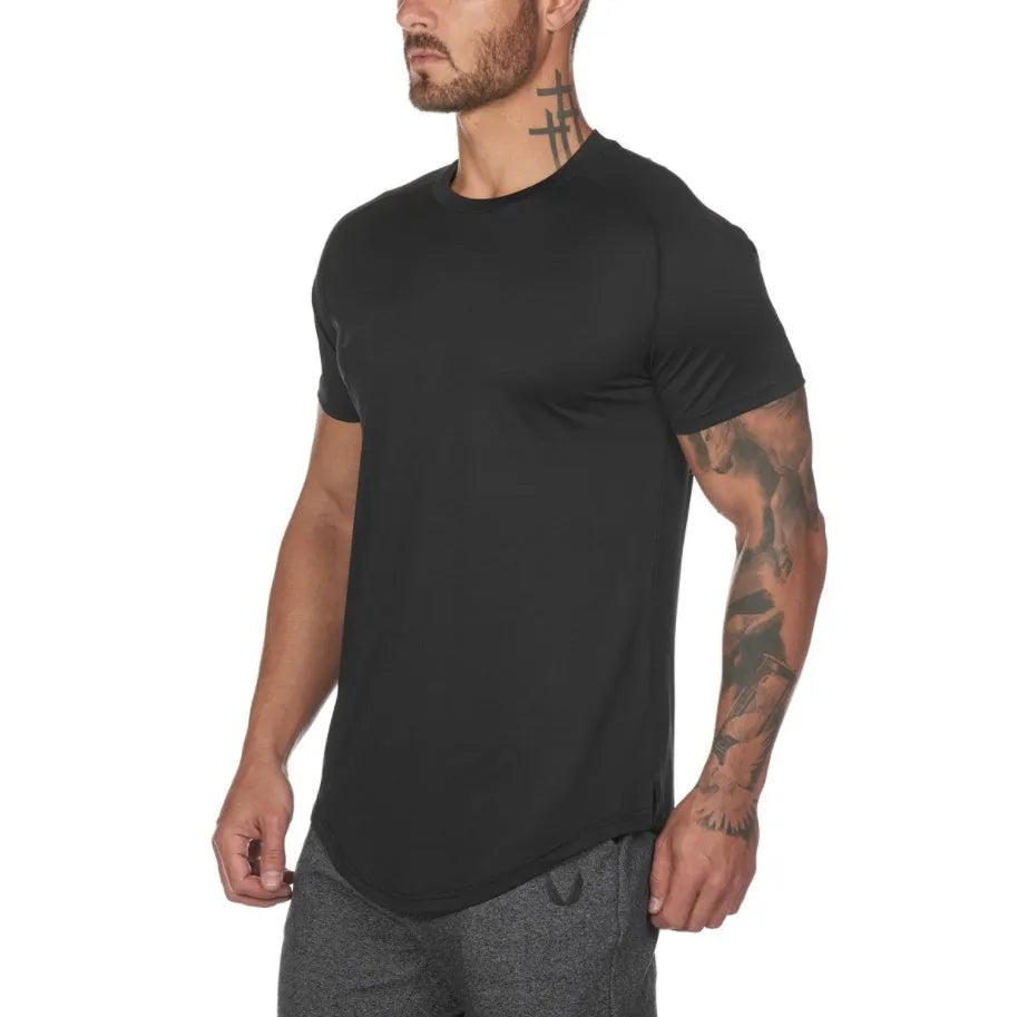 Mens plain cotton-spandex gym shirt for fitness training in army green, black and white colours