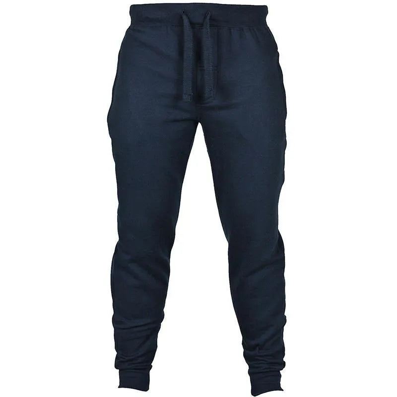 Men's black cotton fleece drawstring jogger pants laid flat, showing loose fit and flat front design.