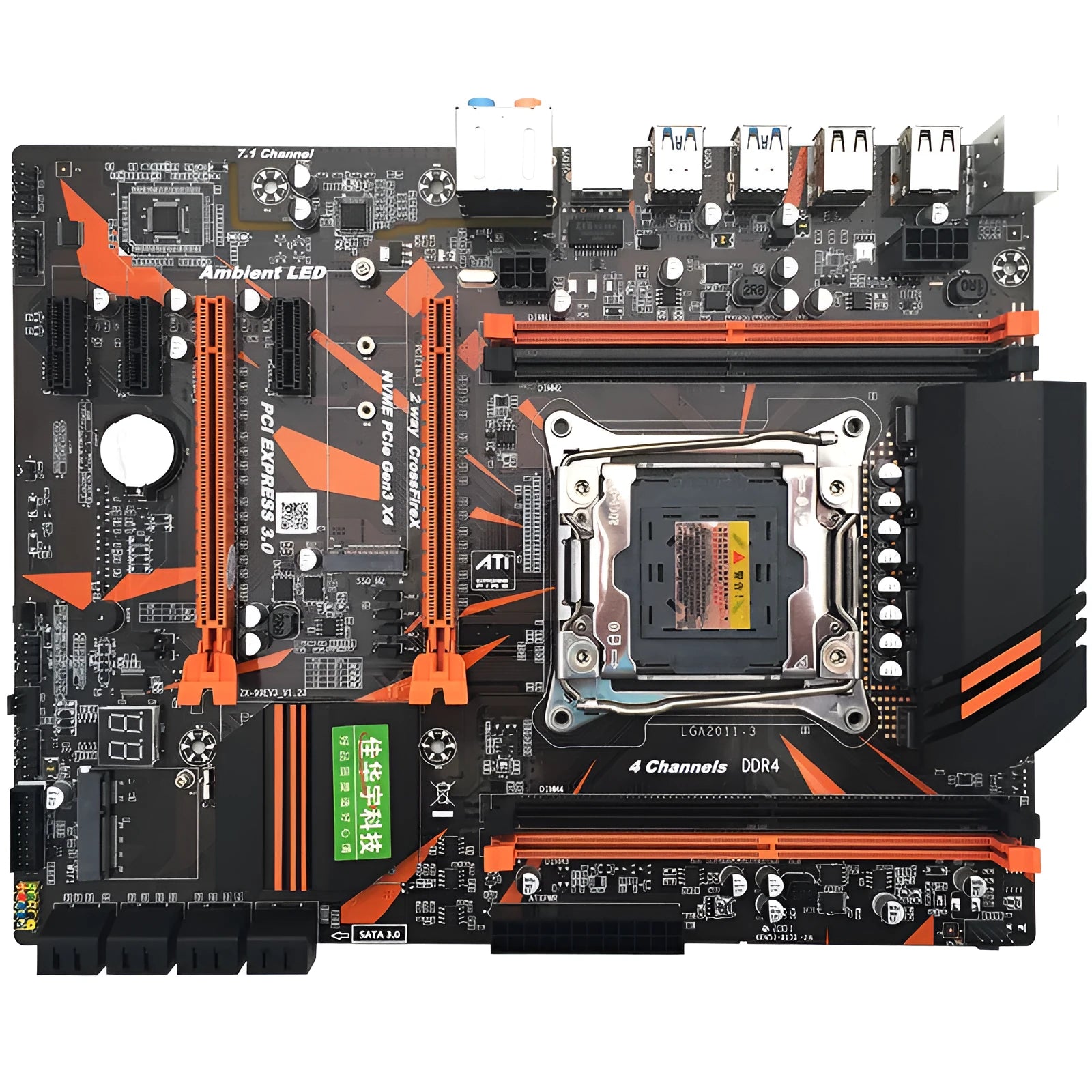 Black X99 chipset computer motherboard with LGA2011-3 socket, four DDR4 slots, PCIe slots, and M.2 connector