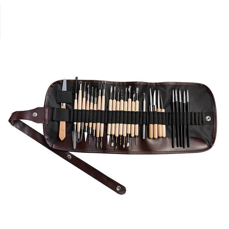 27-piece pottery clay tool set with stainless steel, wood, and plastic tools in a roll-up package
