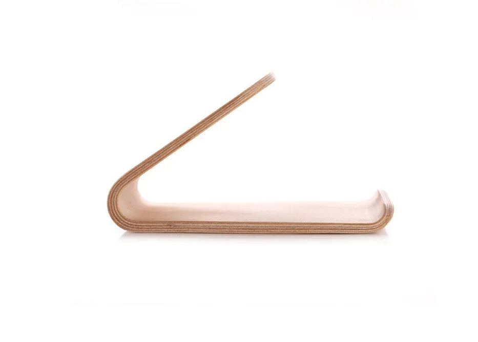 Walnut wooden iPhone stand with lazy bracket design on wooden desk