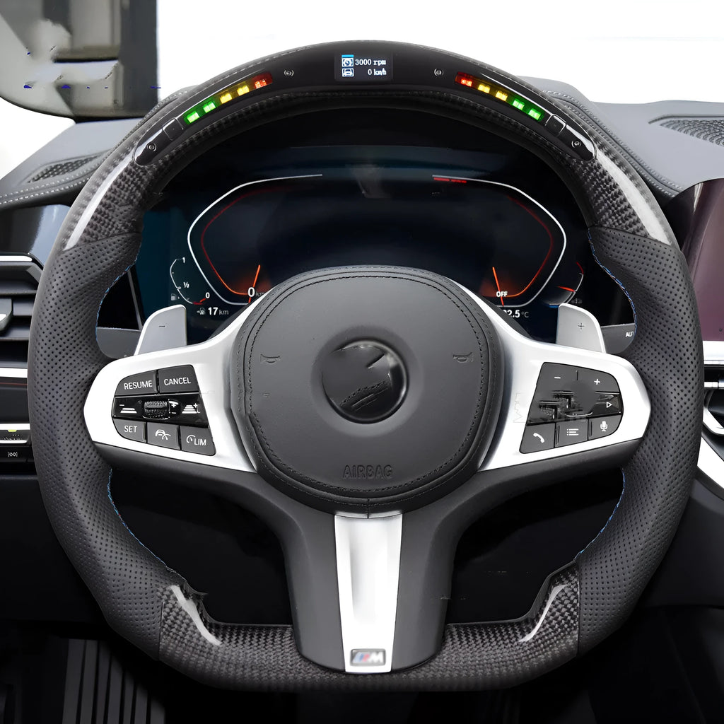 Black carbon fibre BMW steering wheel with LED controls and heating function