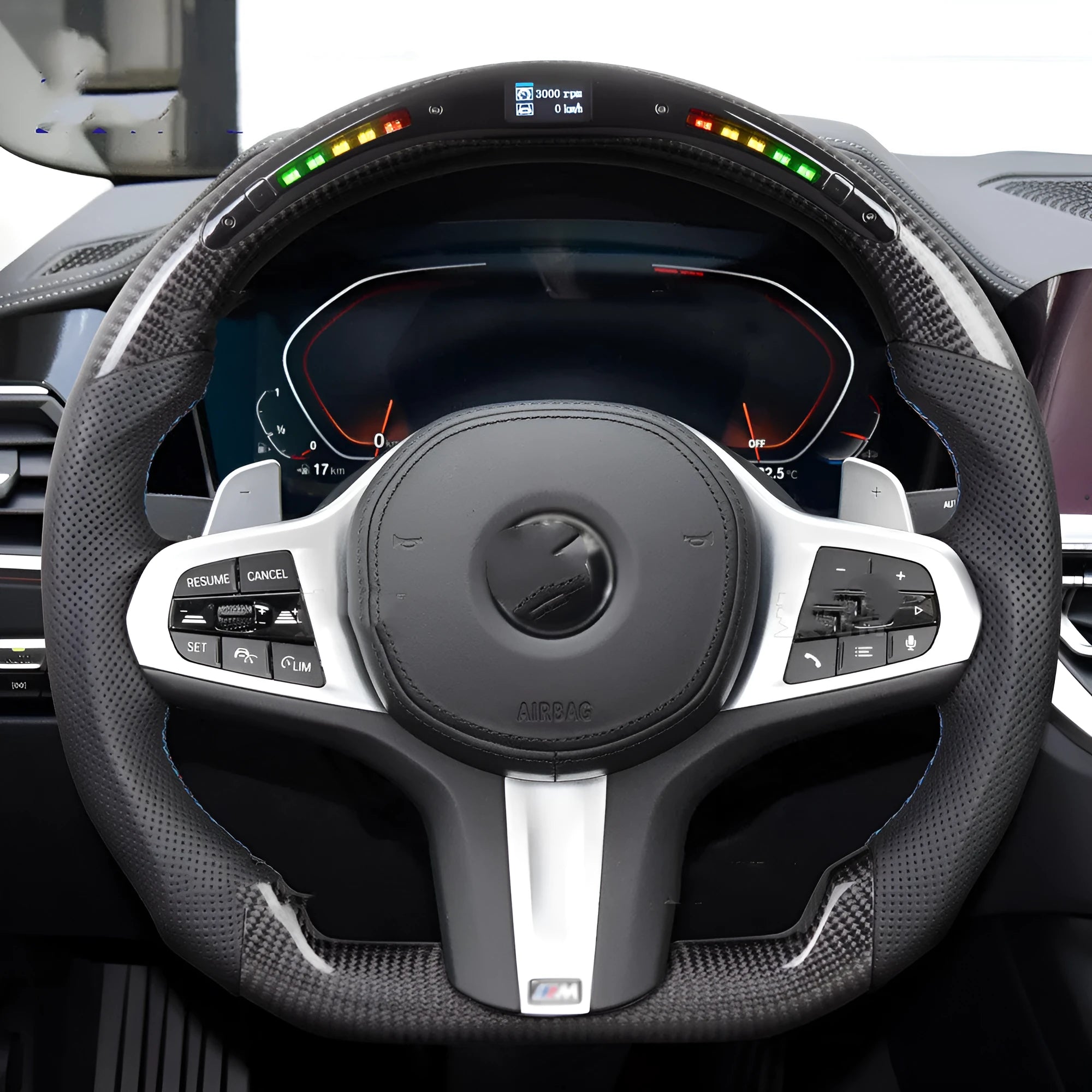 Black carbon fibre BMW steering wheel with LED controls and heating function