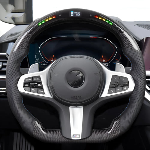 Black carbon fibre BMW steering wheel with LED controls and heating function