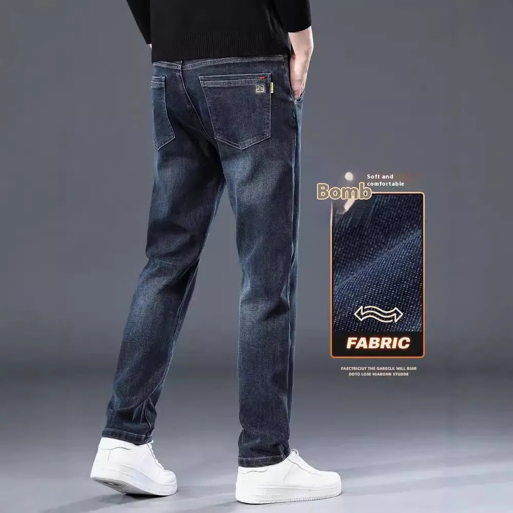 Men's slim straight casual trousers in micro-elastic polyester fabric, mid-waist design with zip fly