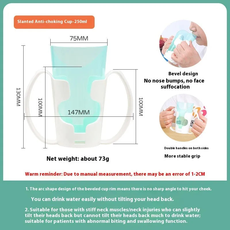 PP plastic anti-choke drinking cup with slanted mouth, handle, and lid for bed care.