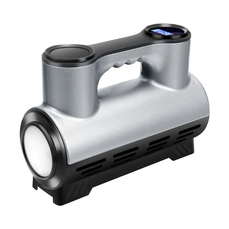 Black 12V portable car tyre inflator with digital display, hose, and nozzles on a grey background.