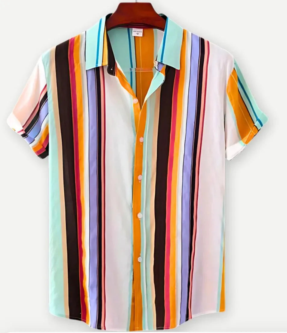 Hawaiian print short sleeve shirt with lapel collar showing floral digital printing on elastic polyester fabric
