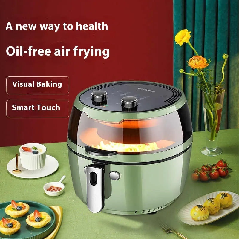 8-litre ceramic air fryer oven with mechanical button controls and visible operation