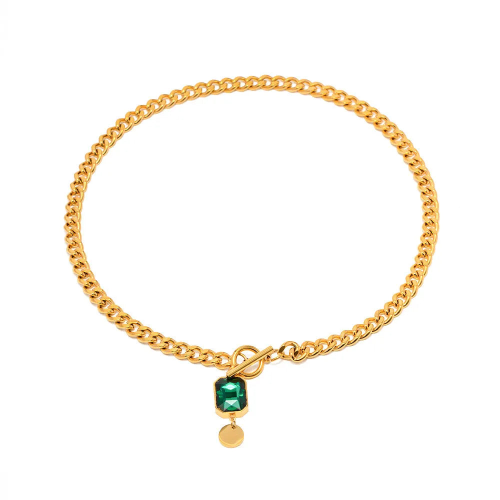 Gold geometric zircon pendant necklace with titanium steel Cuban link chain