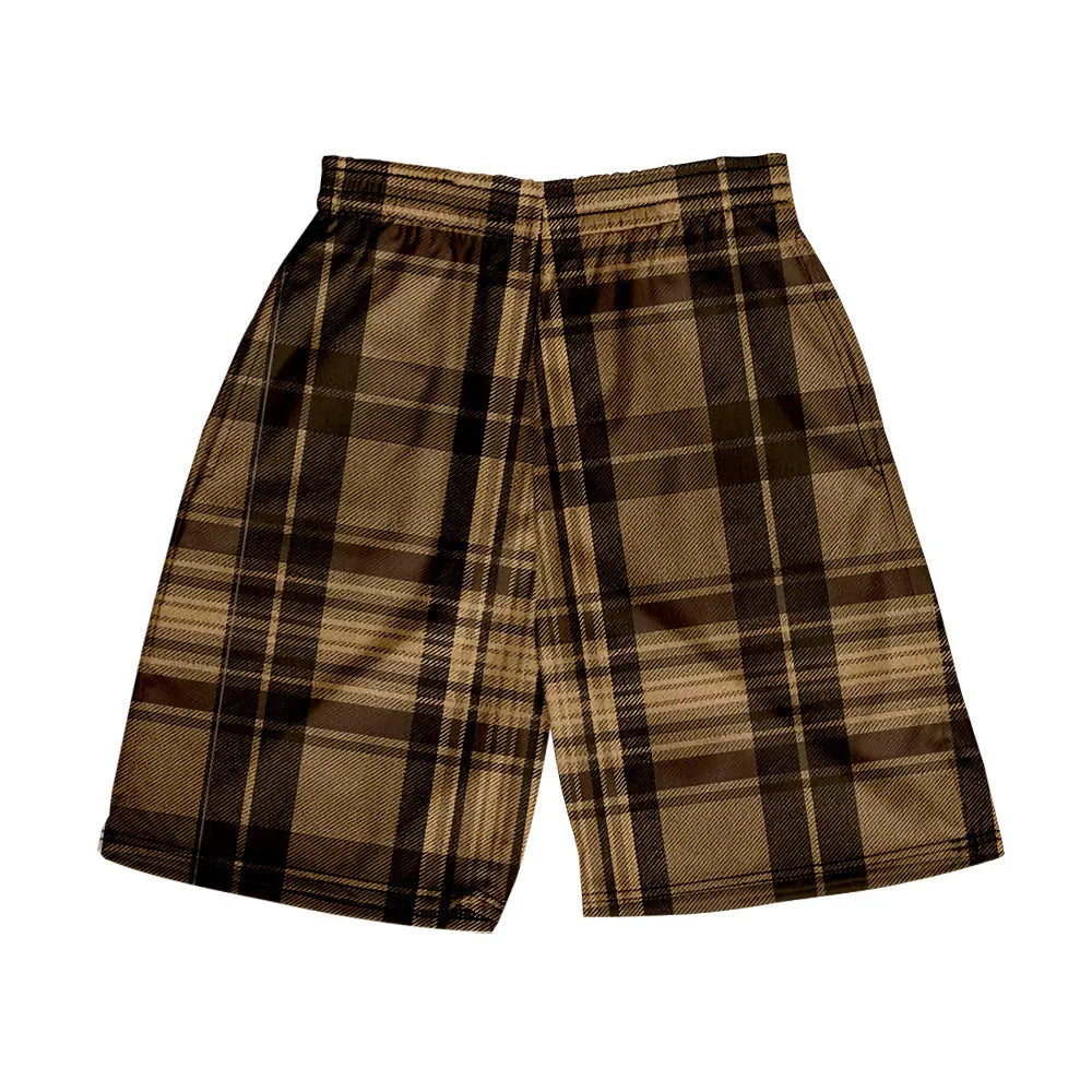 Man wearing plaid patterned polyester shorts with an elastic waistband, showcasing one of the twenty available colour options.