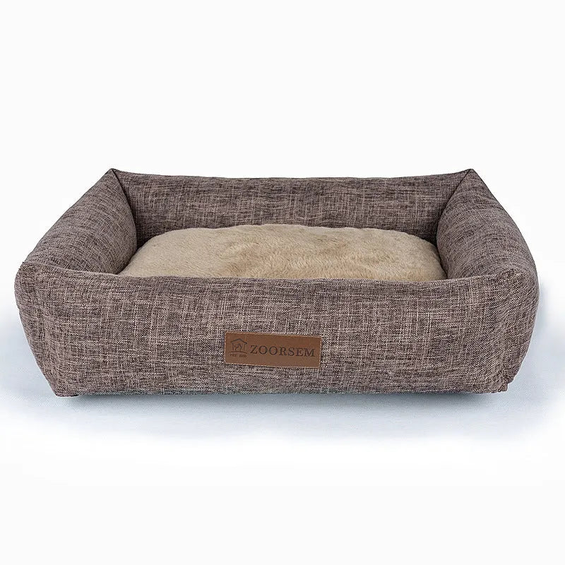 Grey linen square dog bed for small to extra large dogs, also available in brown and plaid colours.