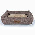 Grey linen square dog bed for small to extra large dogs, also available in brown and plaid colours.