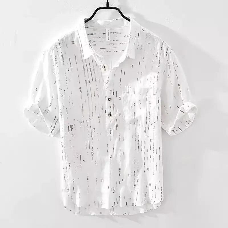 Men's black and white short-sleeved polo shirt with lapel collar and loose cardigan fit
