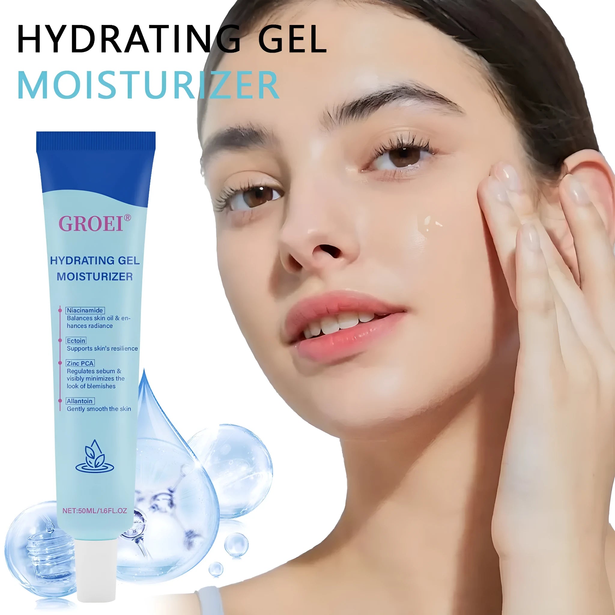 50ml moisturising facial gel container with hyaluronic acid for hydration