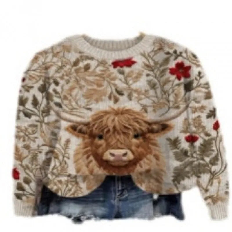 Women's lilac floral printed round neck sweater on a hanger showing the knitted texture.