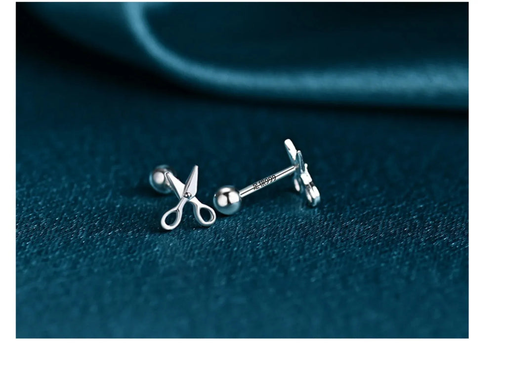 Silver screw-back ear nails with small scissors design for women's ear piercings