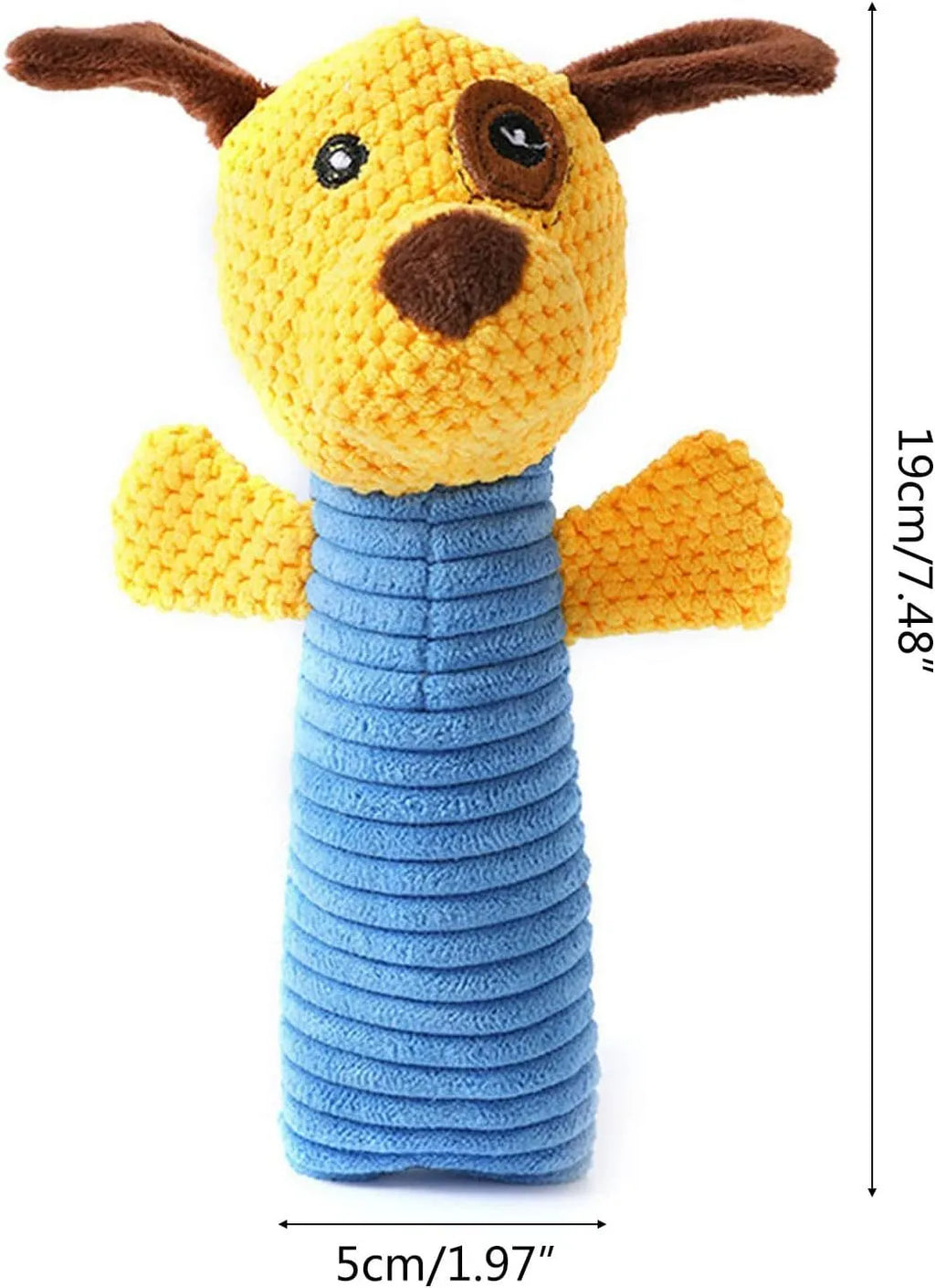 Plush dog squeaky chew toy in animal shape measuring 19cm long