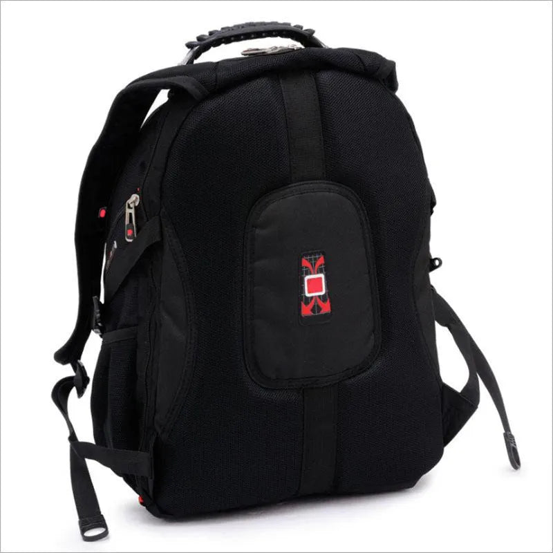Black business computer backpack with three compartments showing laptop storage and organisational pockets