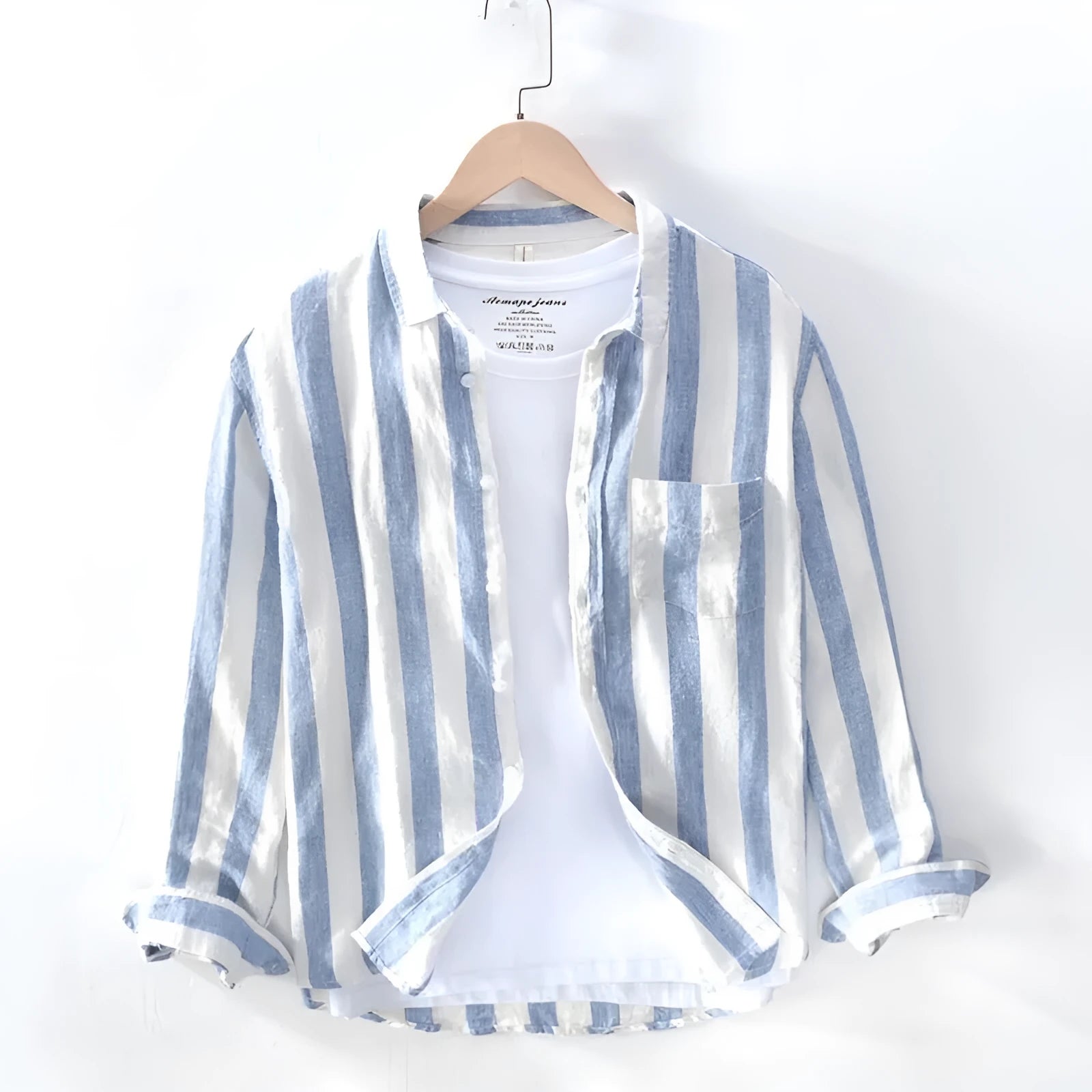 Hong Kong style men's thin long sleeve shirt in loose fit blue and light grey polyester with fleece lining