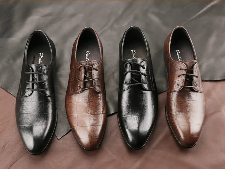 Men's black leather derby shoes with pointed toe and sewing details on antiskid rubber sole