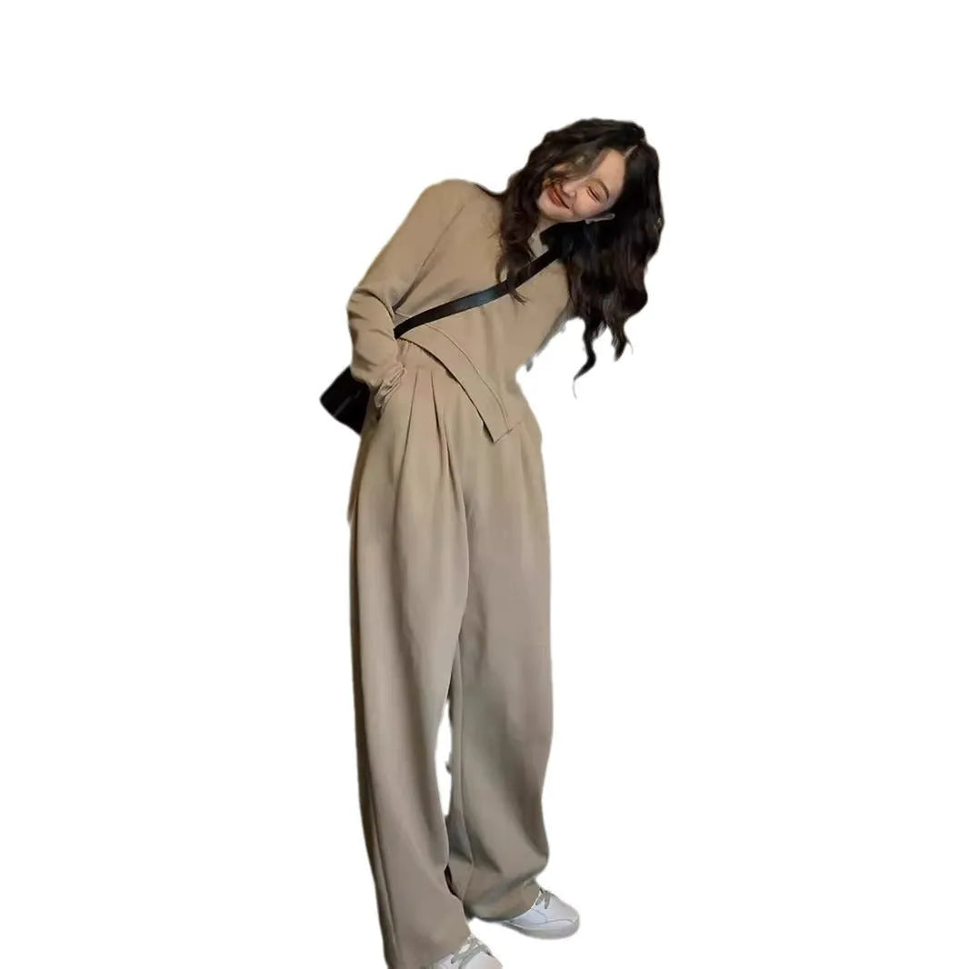 Women's khaki casual sports suit with long sleeve top and loose trousers in Japanese Korean style