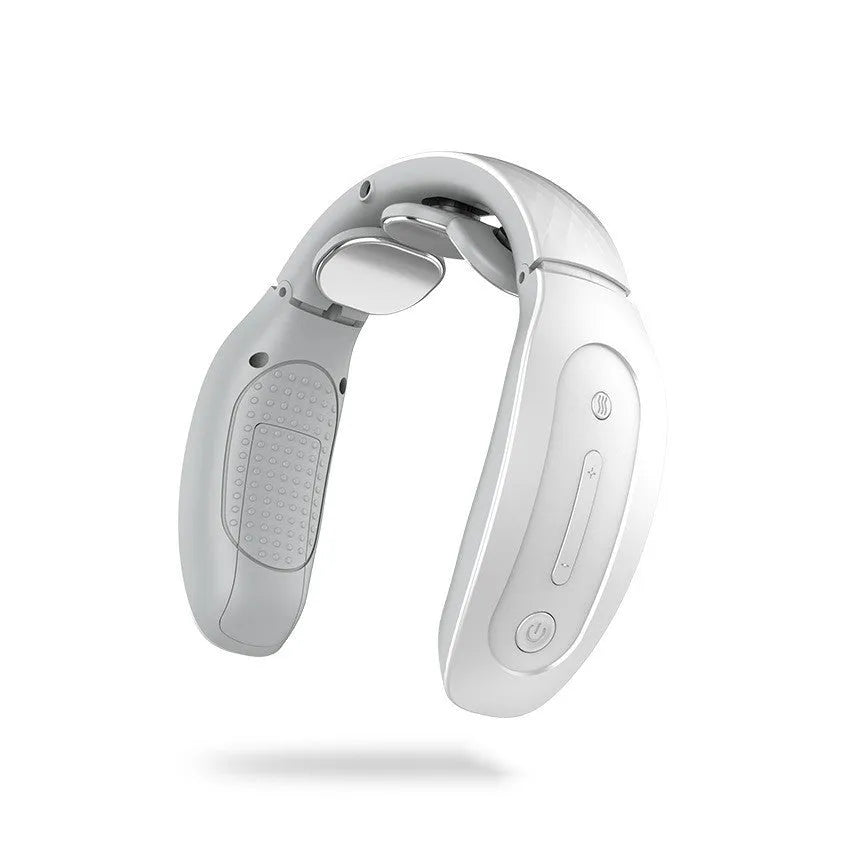 Small intelligent cervical massager in red or white with battery power and multiple massage techniques