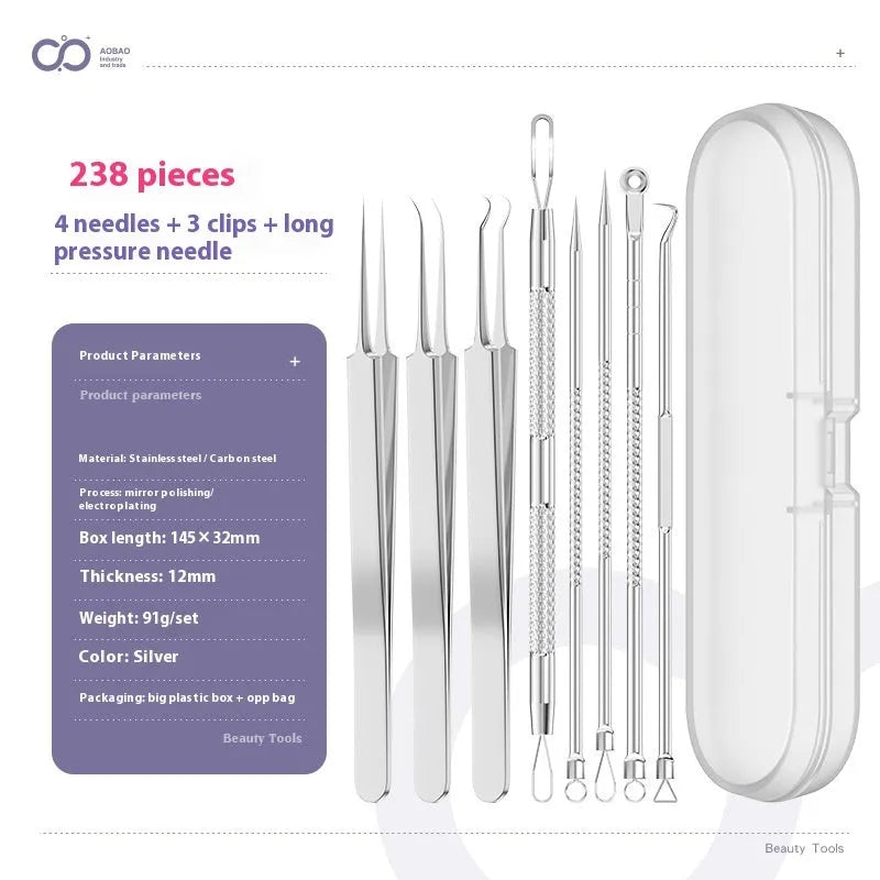 Four silver metal acne needles with pointed tips for skincare extraction.