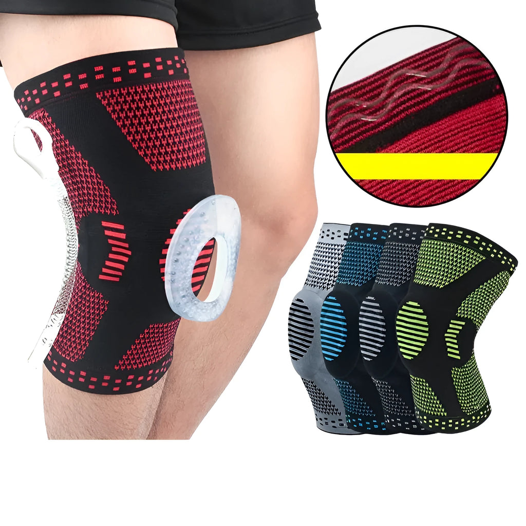 Adult knee patella protector brace with silicone cushion and side springs in black blue colour for basketball use