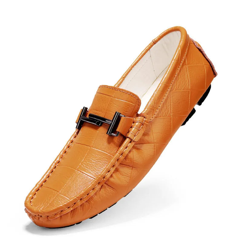 Men's casual leather shoes with belt buckle in black, blue, bronze, and white colour options