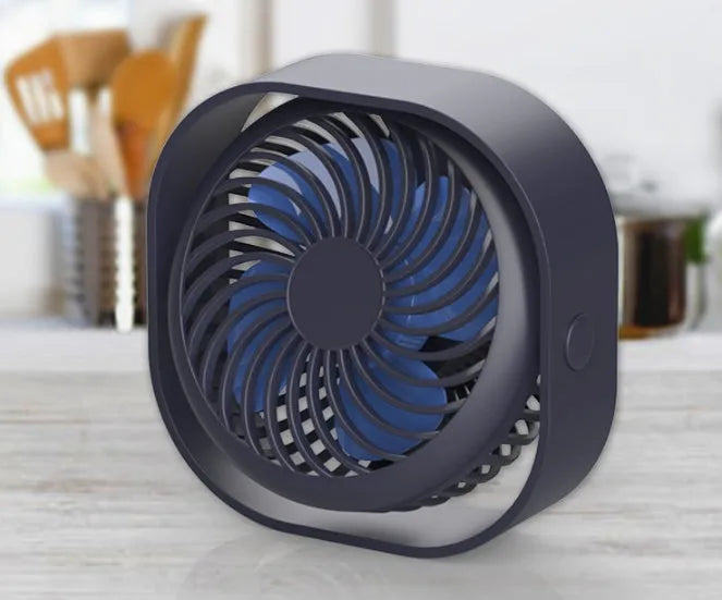 USB desk fan with alarm clock style in blue colour, showing 360-degree rotation feature.