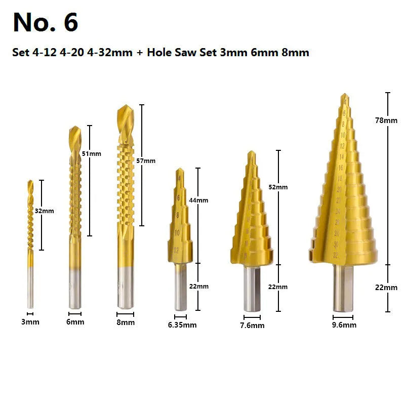 High speed steel step drill bits and centre punch set for metal drilling