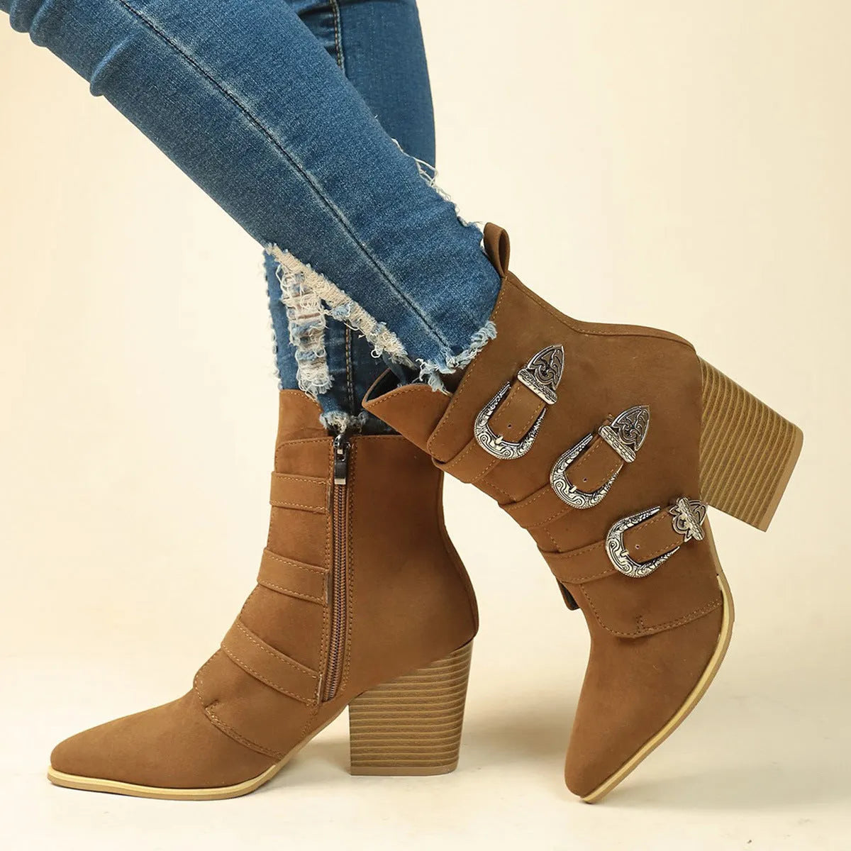 Chunky heel pointed toe retro buckle boots for women, artificial PU, black or light brown